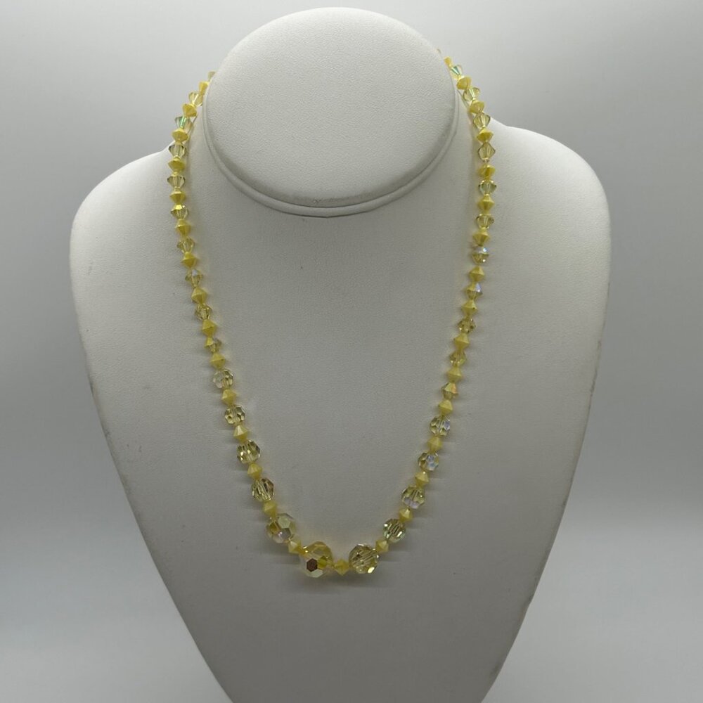 Vintage Yellow Aurora Borealis Necklace Glass Bead Spring Ring Clasp1950-1960